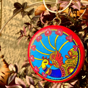 Peacock & Fish Symphony – Hand painted Madhubani Round Clutch