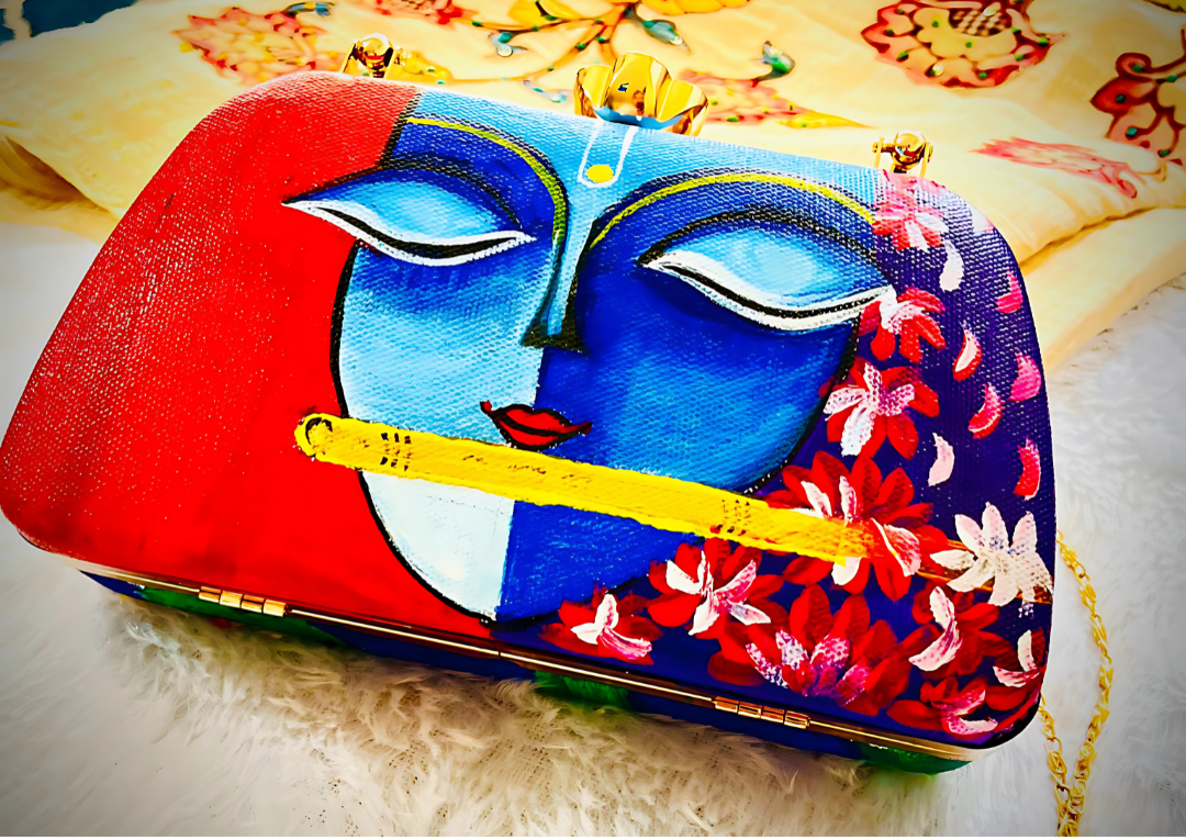 "Mystic Radiance" Hand-painted Krishna & Dot Mandala Clutch